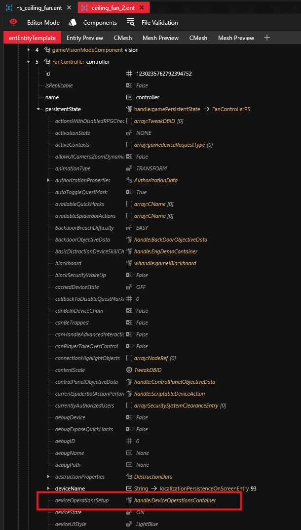 The FanControllerPS chunk in WolvenKit's entity editor, with deviceOperationsSetup shown as null