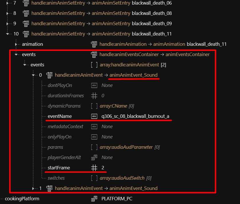 Image showing the Events section inside dot anims files, highlighting the anim Anim Event Sound handle and the sub parameters event name and start frame