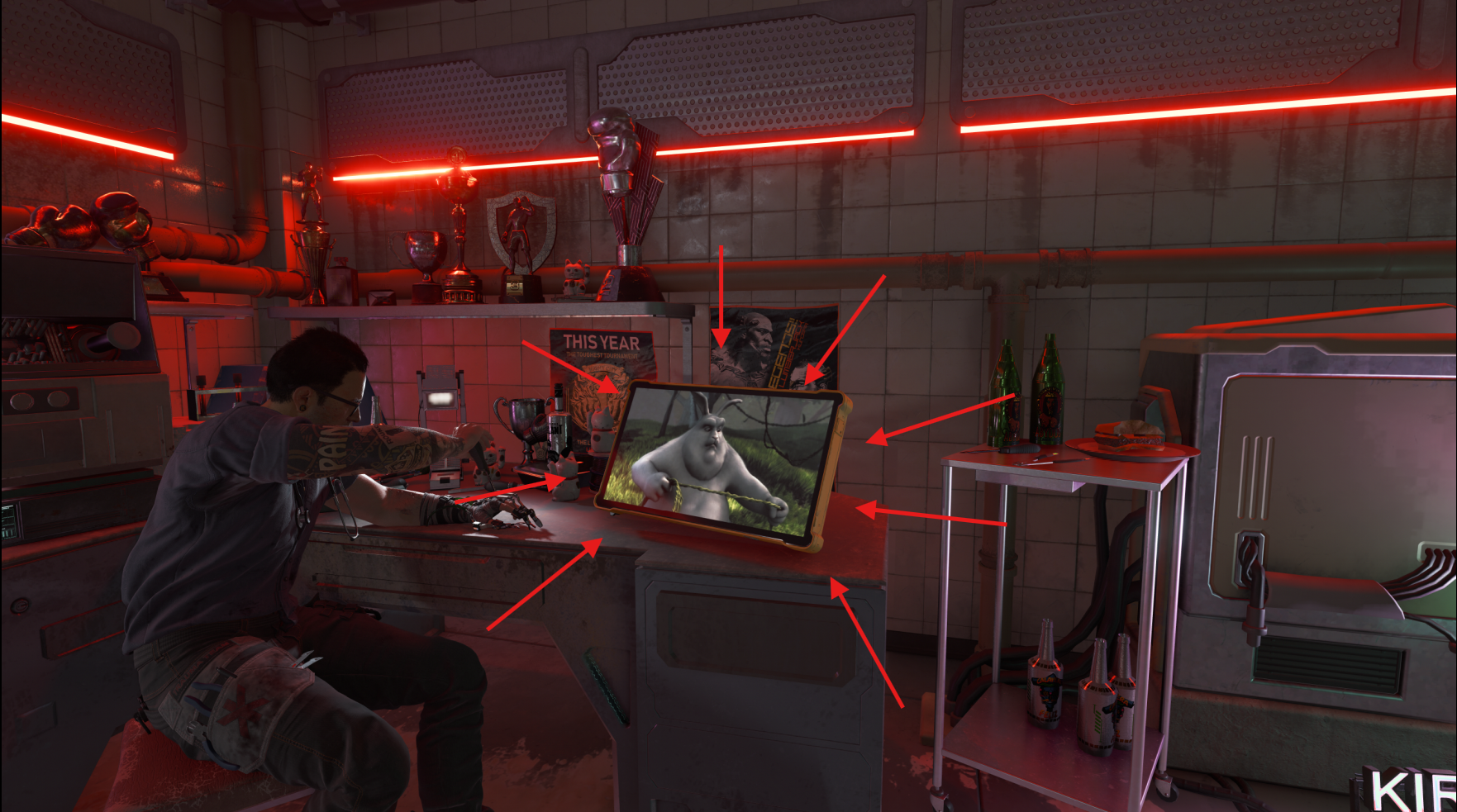 Viktor in his shop watching a modified video edit